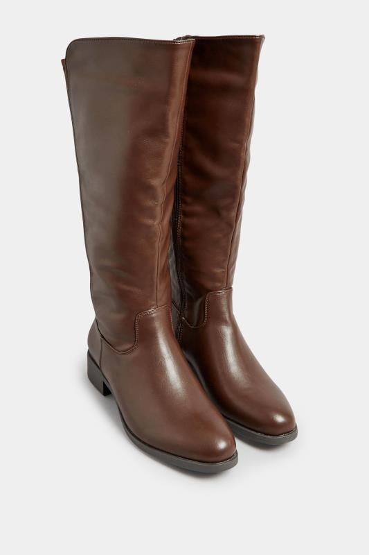 Evans Yours Chocolate Brown PU Stretch Heeled Knee High Boots In Wide E Fit & Extra Wide EEE Fit