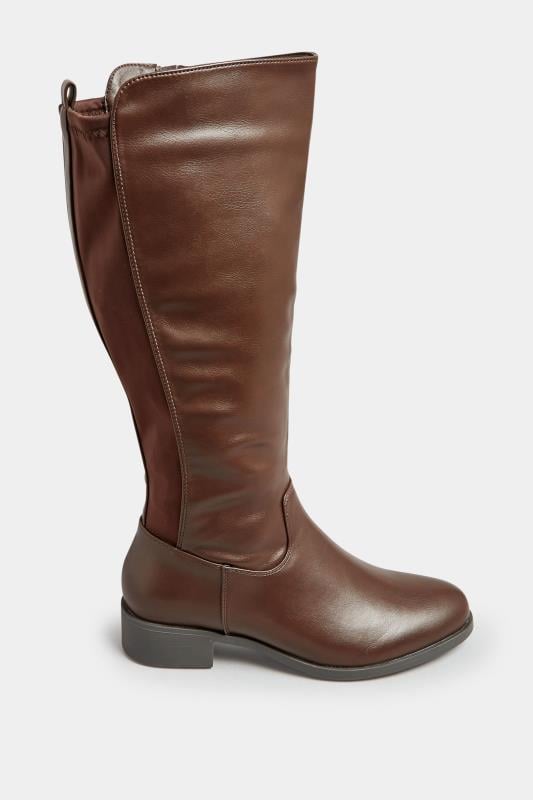 Evans Yours Chocolate Brown PU Stretch Heeled Knee High Boots In Wide E Fit & Extra Wide EEE Fit