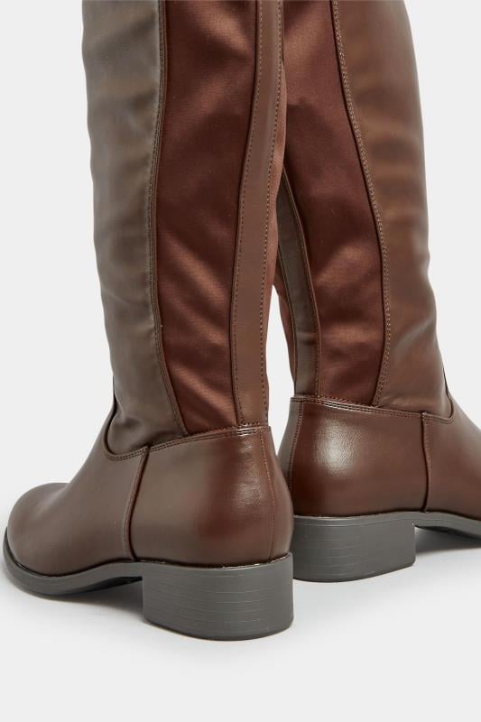Evans Yours Chocolate Brown PU Stretch Heeled Knee High Boots In Wide E Fit & Extra Wide EEE Fit