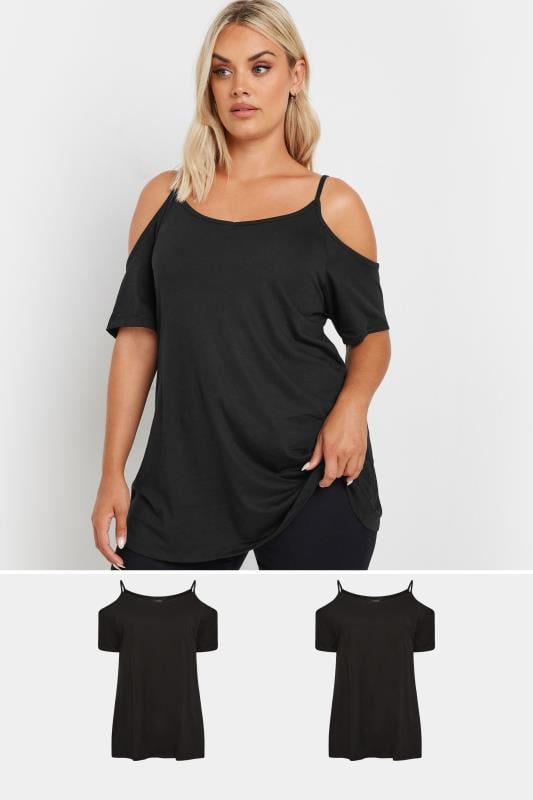 evans YOURS Curve 2 PACK Black Cold Shoulder T-Shirts