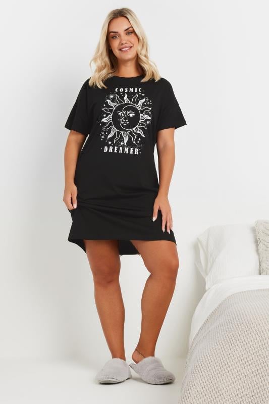 Evans YOURS Curve 2 PACK Black & Grey 'Cosmic Dreamer' Nightdresses