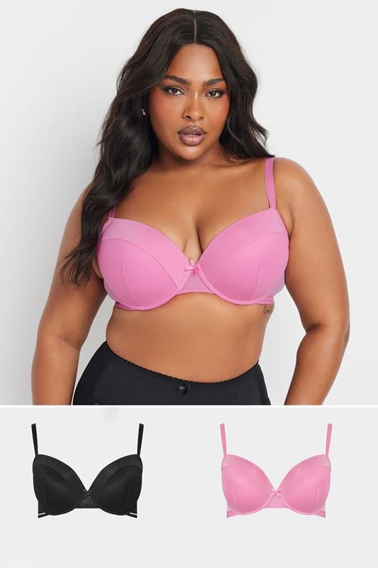 evans YOURS Curve 2 PACK Black & Pink Mesh Padded Plunge Bras