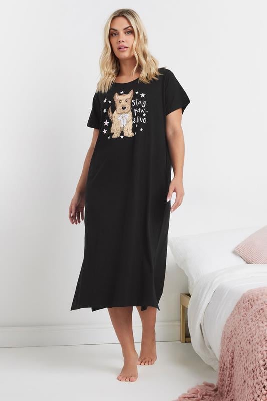 Evans YOURS Curve 2 PACK Black 'Stay Paw-sitive' Leopard Print Midaxi Nightdresses