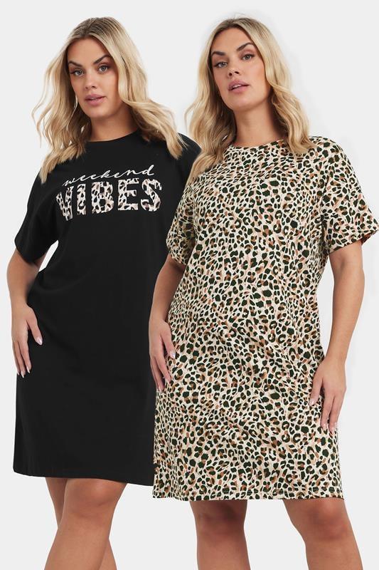evans YOURS Curve 2 PACK Black 'Weekend Vibes' Leopard Print Nightdresses