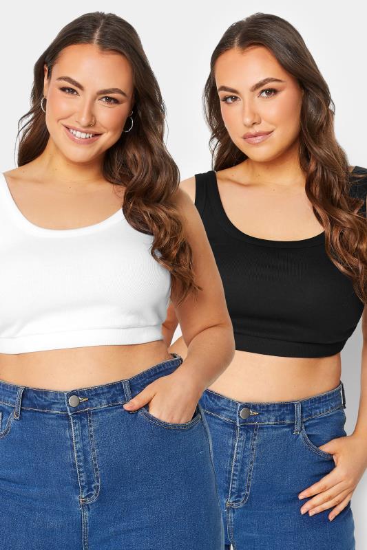 evans YOURS Curve 2 PACK Black & White Ribbed Crop Tops