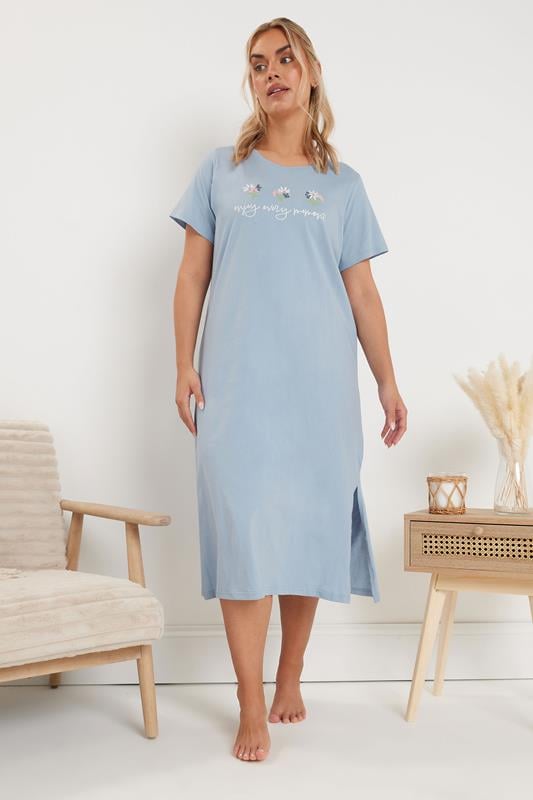 Evans YOURS Curve 2 PACK Blue 'Enjoy Every Moment' Slogan Floral Nightdresses