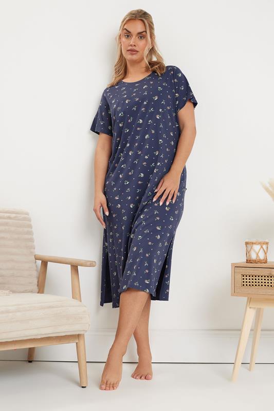 Evans YOURS Curve 2 PACK Blue 'Enjoy Every Moment' Slogan Floral Nightdresses