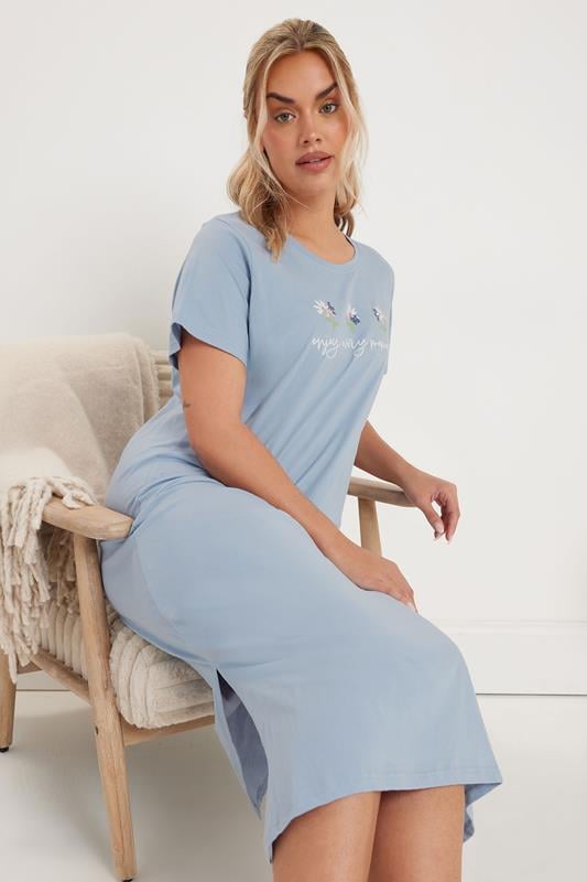 Evans YOURS Curve 2 PACK Blue 'Enjoy Every Moment' Slogan Floral Nightdresses