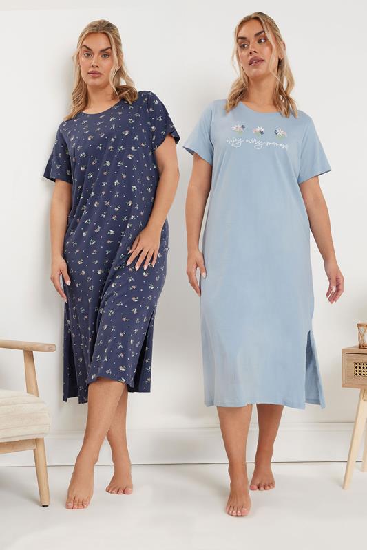 evans YOURS Curve 2 PACK Blue 'Enjoy Every Moment' Slogan Floral Nightdresses