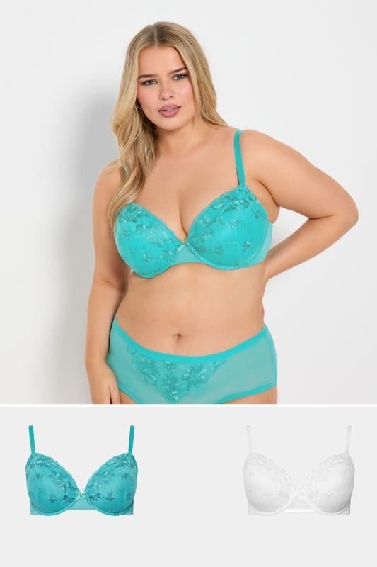 evans YOURS Curve 2 Pack Blue & White Floral Lace Embroidered Padded Bras