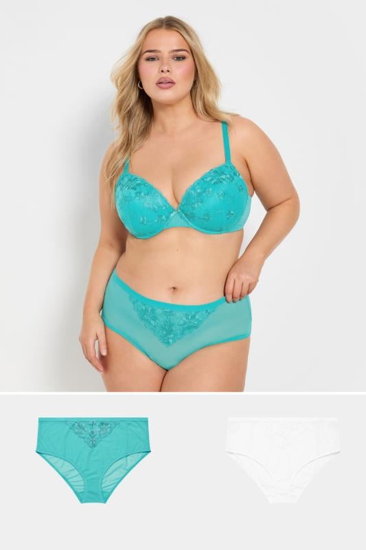 evans YOURS Curve 2 PACK Blue & White Lace Embroidered Full Briefs