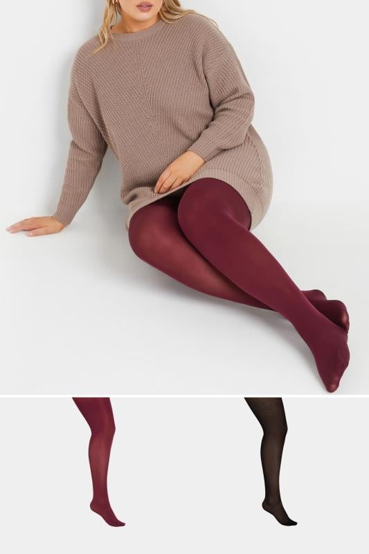 evans YOURS Curve 2 PACK Burgundy Red & Black 100 Denier Tights
