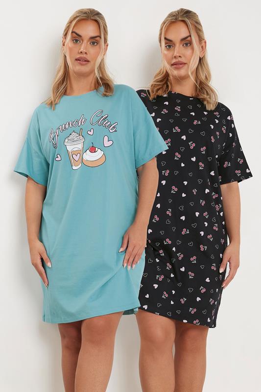 evans YOURS Curve 2 PACK Cotton Blue 'Brunch Club' Nightdresses