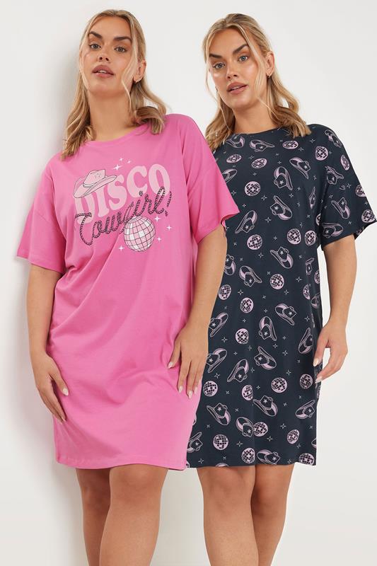 evans YOURS Curve 2 PACK Cotton Pink 'Disco Cowgirl' Nightdresses