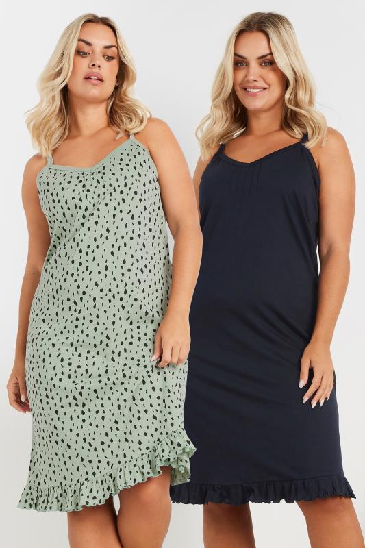 evans YOURS Curve 2 PACK Green & Black Spot Print Chemise Nightdresses