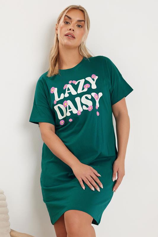 Evans YOURS Curve 2 PACK Green 'Lazy Daisy' Slogan Printed Nightdresses