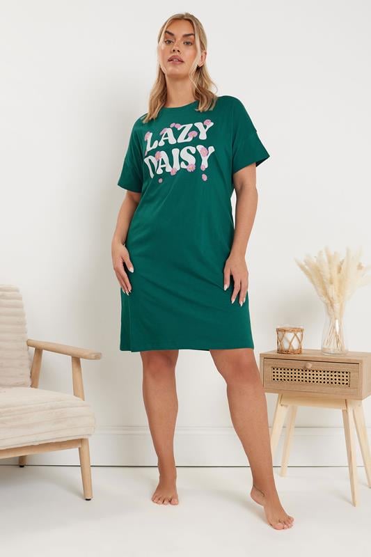 Evans YOURS Curve 2 PACK Green 'Lazy Daisy' Slogan Printed Nightdresses
