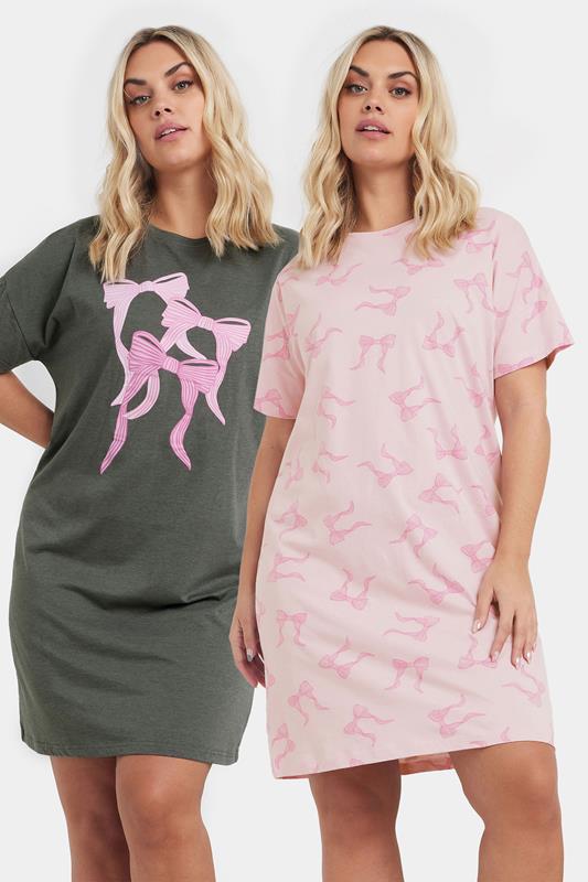 evans YOURS Curve 2 PACK Grey & Pink Bow Print Nightdresses
