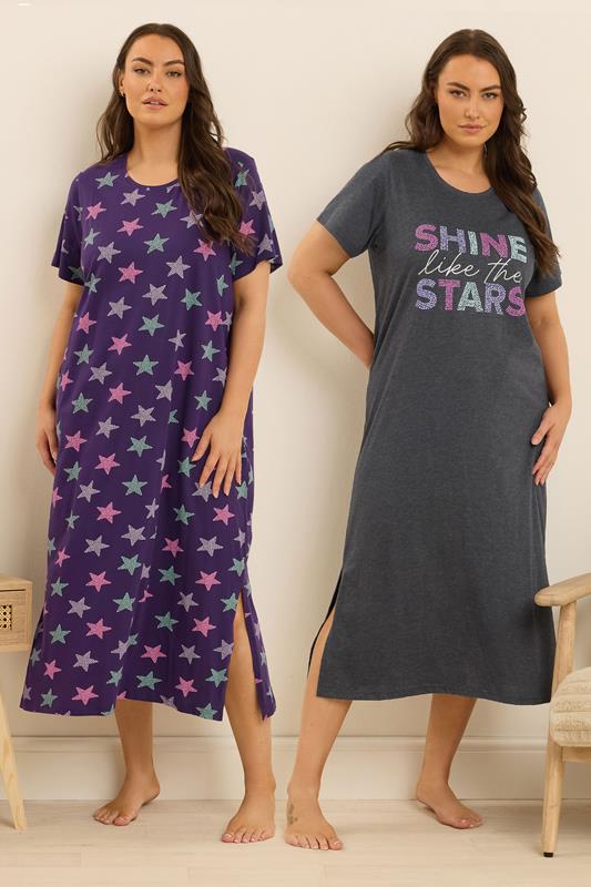 evans YOURS Curve 2 PACK Grey 'Shine Like The Stars' Midaxi Nightdresses