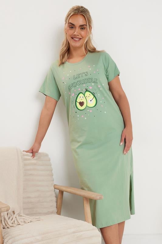 Evans YOURS Curve 2 PACK Light Green 'Let's Avocuddle' Slogan Printed Nightdresses