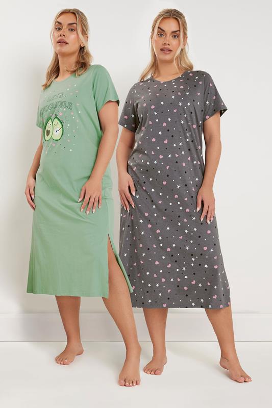 evans YOURS Curve 2 PACK Light Green 'Let's Avocuddle' Slogan Printed Nightdresses