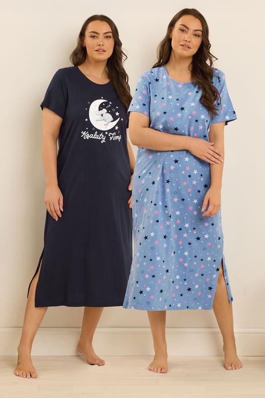 evans YOURS Curve 2 PACK Navy Blue 'Koalaty Time' Midaxi Nightdresses