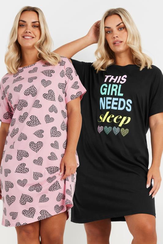 evans YOURS Curve 2 PACK Pink & Black Heart Print Slogan Nightdresses