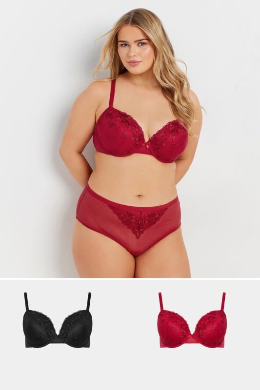 evans YOURS Curve 2 PACK Red & Black Floral Embroidered Padded Bra