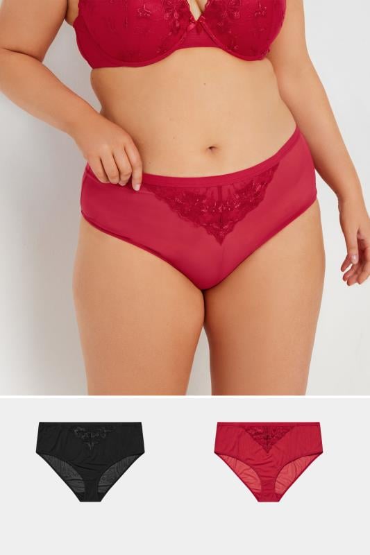 evans YOURS Curve 2 PACK Red & Black Floral Lace Briefs