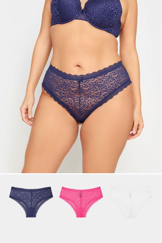 evans YOURS Curve 3 PACK Navy Blue & Pink Leopard Print Brazilian Briefs