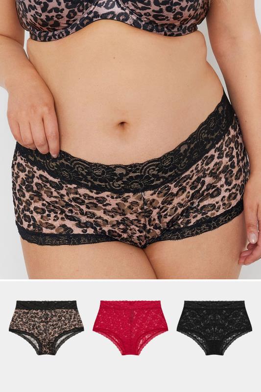 evans YOURS Curve 3 PACK Red & Black Leopard Print Lace Mid Rise Shorts