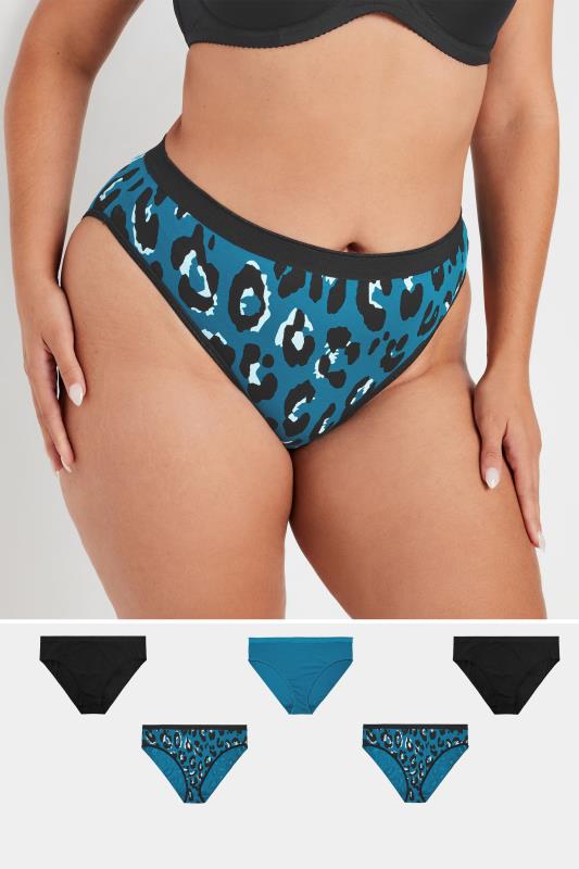 evans YOURS Curve 5 PACK Blue Leopard Print High Leg Knickers