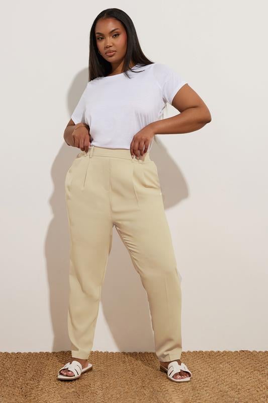 Evans YOURS Curve Beige Brown Double Belted Tapered Trousers