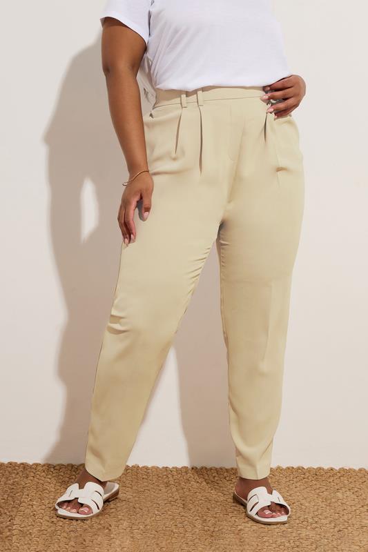 evans YOURS Curve Beige Brown Double Belted Tapered Trousers