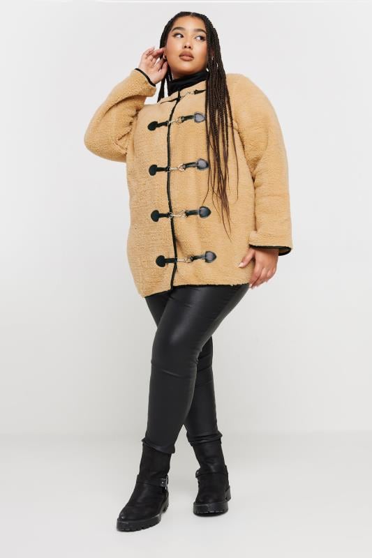Evans YOURS Curve Beige Brown Faux Fur Toggle Jacket