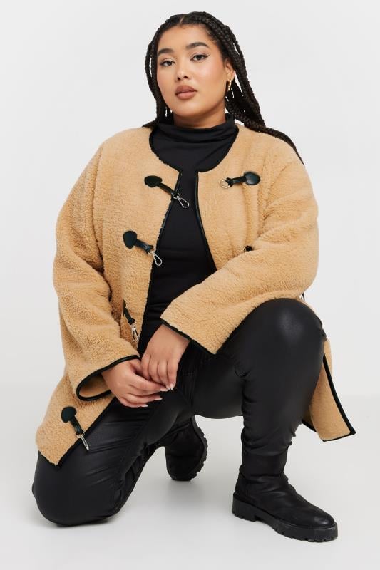 Evans YOURS Curve Beige Brown Faux Fur Toggle Jacket