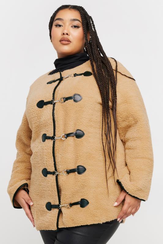 evans YOURS Curve Beige Brown Faux Fur Toggle Jacket