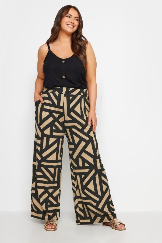 Evans YOURS Curve Beige Brown Geometric Print Wide Leg Trousers