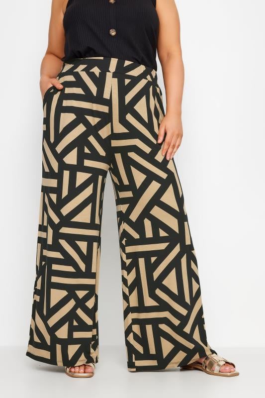 evans YOURS Curve Beige Brown Geometric Print Wide Leg Trousers