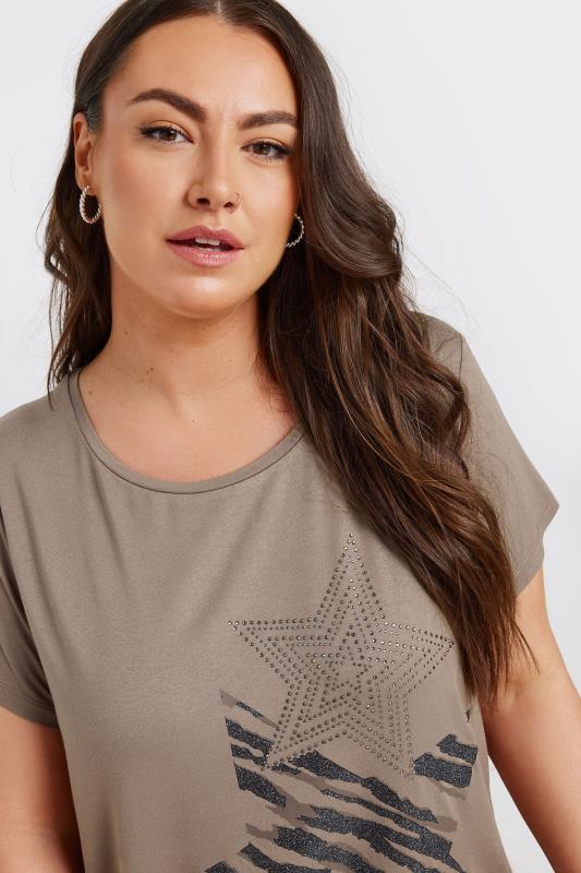 Evans YOURS Curve Beige Brown Glitter Star Print T-Shirt