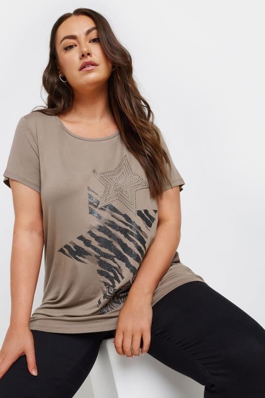 evans YOURS Curve Beige Brown Glitter Star Print T-Shirt