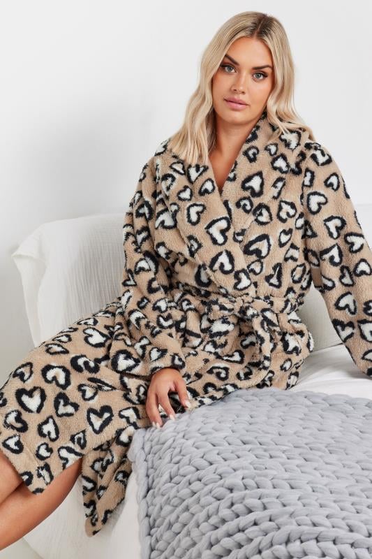 Evans YOURS Curve Beige Brown Heart Print Shawl Dressing Gown