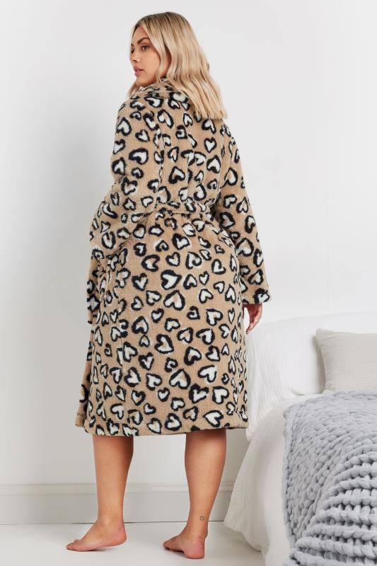 Evans YOURS Curve Beige Brown Heart Print Shawl Dressing Gown