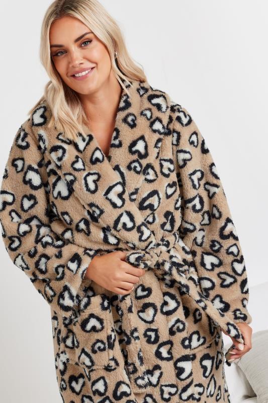 Evans YOURS Curve Beige Brown Heart Print Shawl Dressing Gown