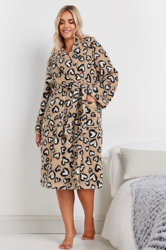 evans YOURS Curve Beige Brown Heart Print Shawl Dressing Gown