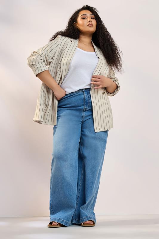 Evans YOURS Curve Beige Brown Stripe Tailored Linen Blazer