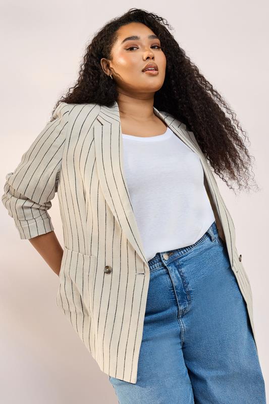 evans YOURS Curve Beige Brown Stripe Tailored Linen Blazer