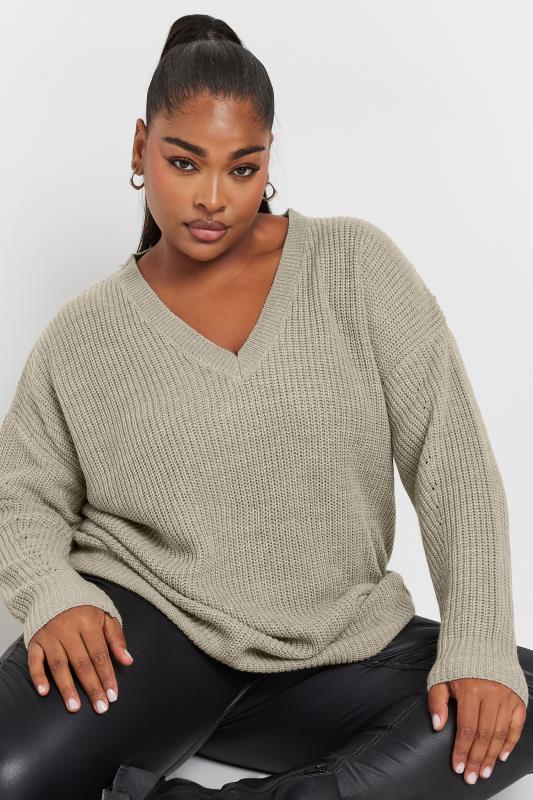 Evans YOURS Curve Beige Brown V-Neck Knitted Jumper