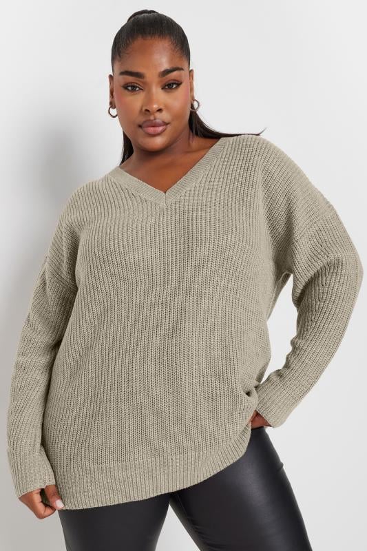 evans YOURS Curve Beige Brown V-Neck Knitted Jumper