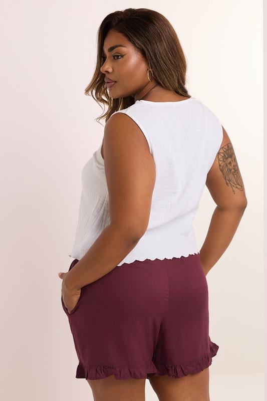 Evans YOURS Curve Berry Red Beaded Frill Hem Shorts